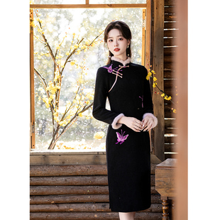 绝美新中式黑色长袖旗袍女2025新款冬装加绒修身改良年轻款连衣裙