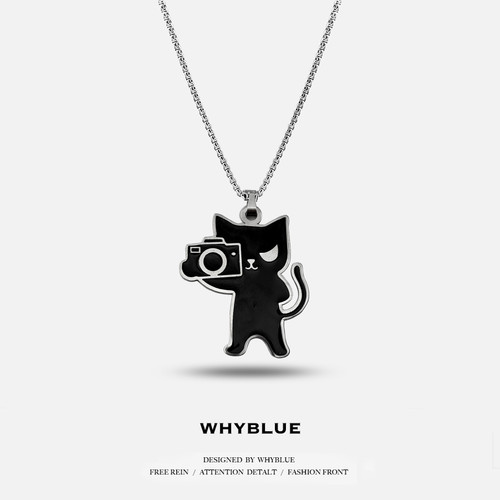 WHYBLUE原创照相黑猫项链