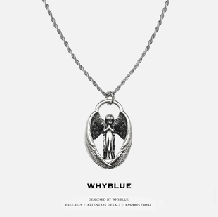 WHYBLUE 复古守护天使之翼项链男古银翅膀毛衣链小众设计中性吊坠