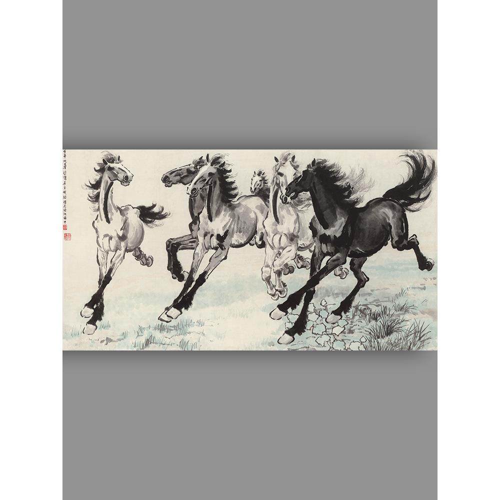 高清复刻徐悲鸿六骏图国画写意奔马骏马图马到成功艺术微喷装饰画