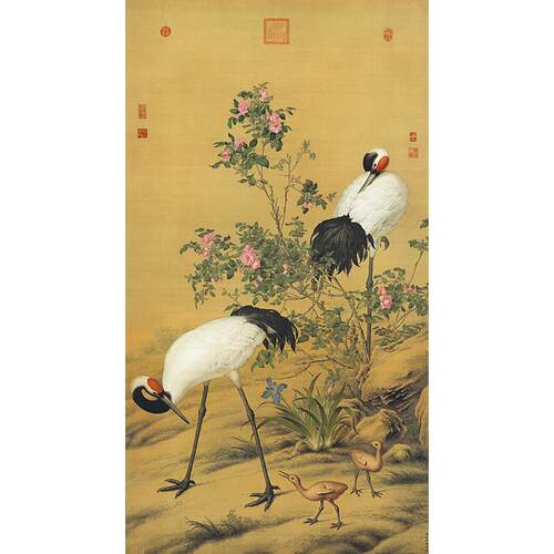 名画复制品郎世宁花阴双鹤图工笔重彩花鸟画国画艺术微喷装饰画