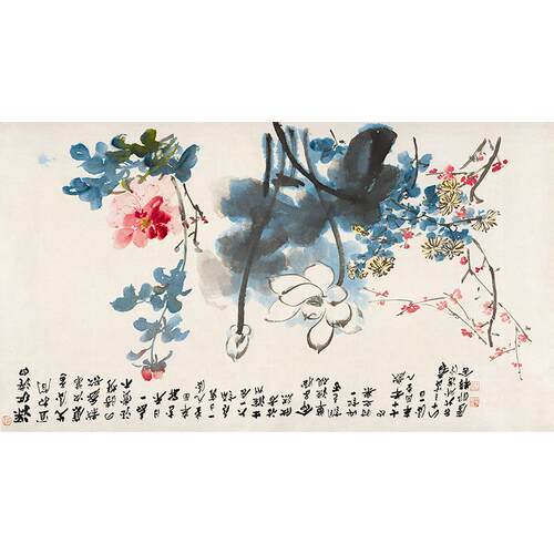 1:1张大千荷菊梅写意花鸟画国画艺术微喷古代名画复制品装饰画