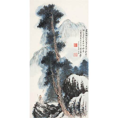名画复制品名家作品张大千老柏拂天国画艺术微喷挂画客厅装饰画