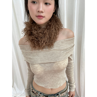 秋冬时髦保暖加厚仿羊毛磁吸扣毛领围脖凹造型双面长毛毛绒围巾