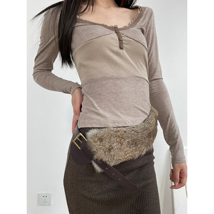 y2k废土风亚文化辣妹仿皮草腰带毛绒绒时髦涩谷风棕色百搭腰封