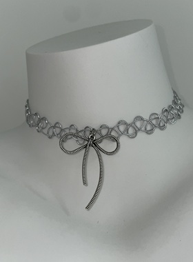 甜美简约银色蝴蝶结弹力choker