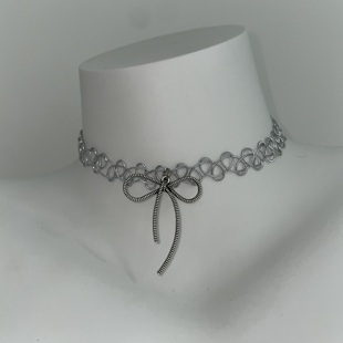 甜美简约冷淡风银色蝴蝶结弹力项圈纯欲风少女感超仙镂空choker