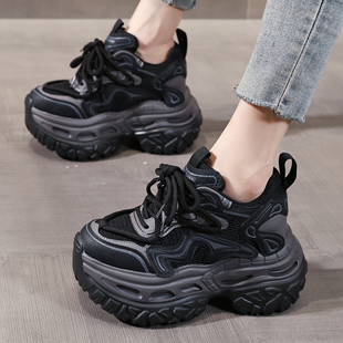 ZFCQ香港厚底内增高老爹鞋女款真皮2026春秋新款超火黑色休闲运动