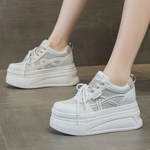 ZFCQ新款单网透气薄款厚底内增高小白鞋女款真皮2026夏季网面8cm