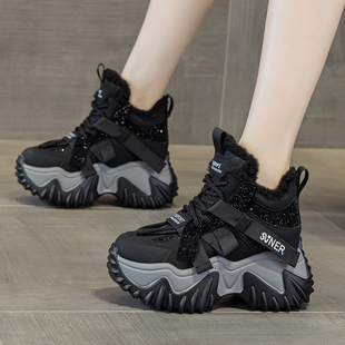 8cm高帮棉鞋 ZFCQ新款 真皮2025冬季 女款 厚底内增高加绒加厚老爹鞋