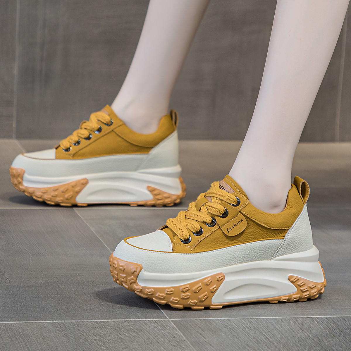 ZFCQ加绒保暖2025秋冬新款厚底内增高老爹鞋女款真皮休闲黄色单鞋,女鞋,时尚休闲鞋,淘宝优惠券,粉丝福利购,淘宝优惠卷