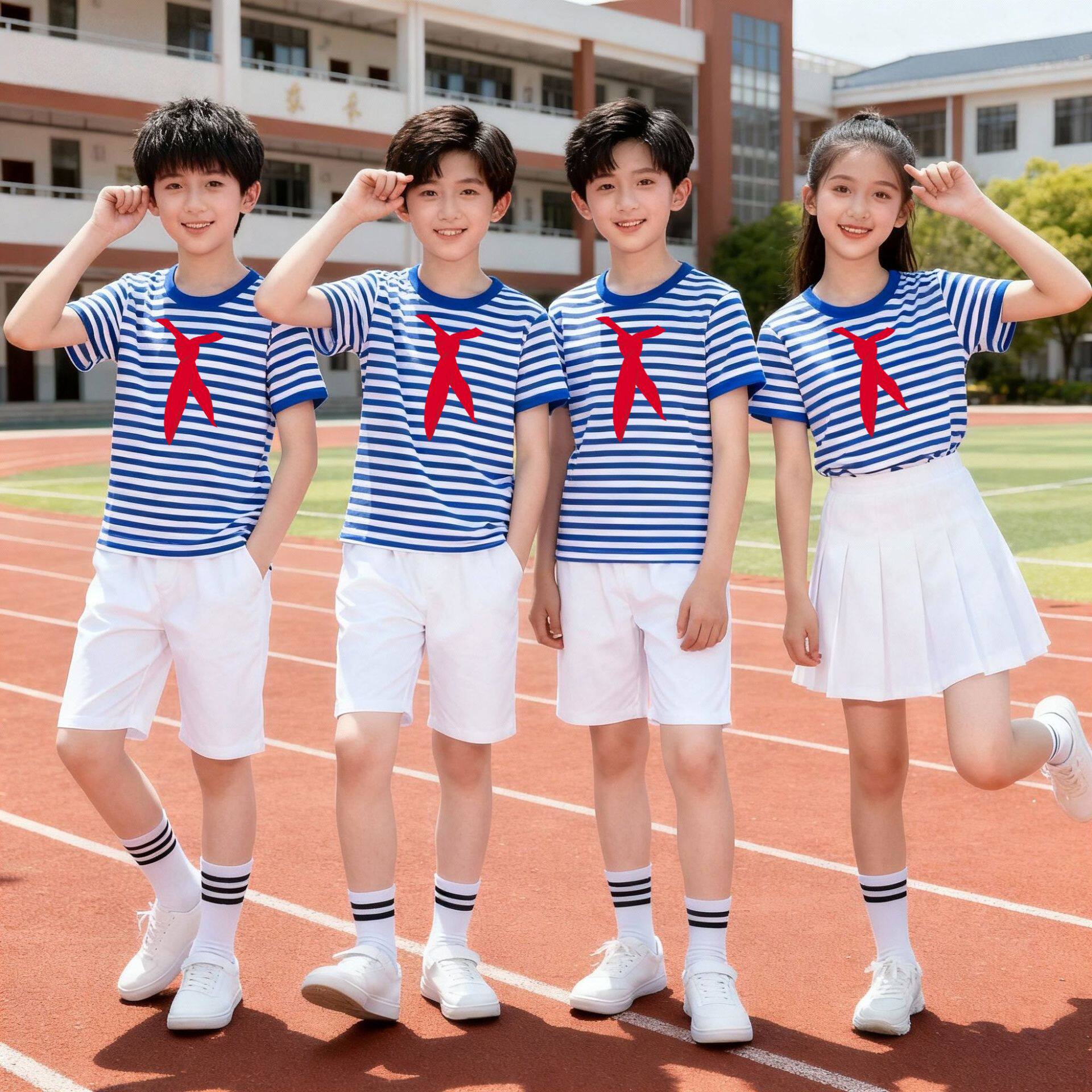 中小学生红领巾活动班服国庆亲子装纯棉海魂衫t恤短袖蓝白条纹潮