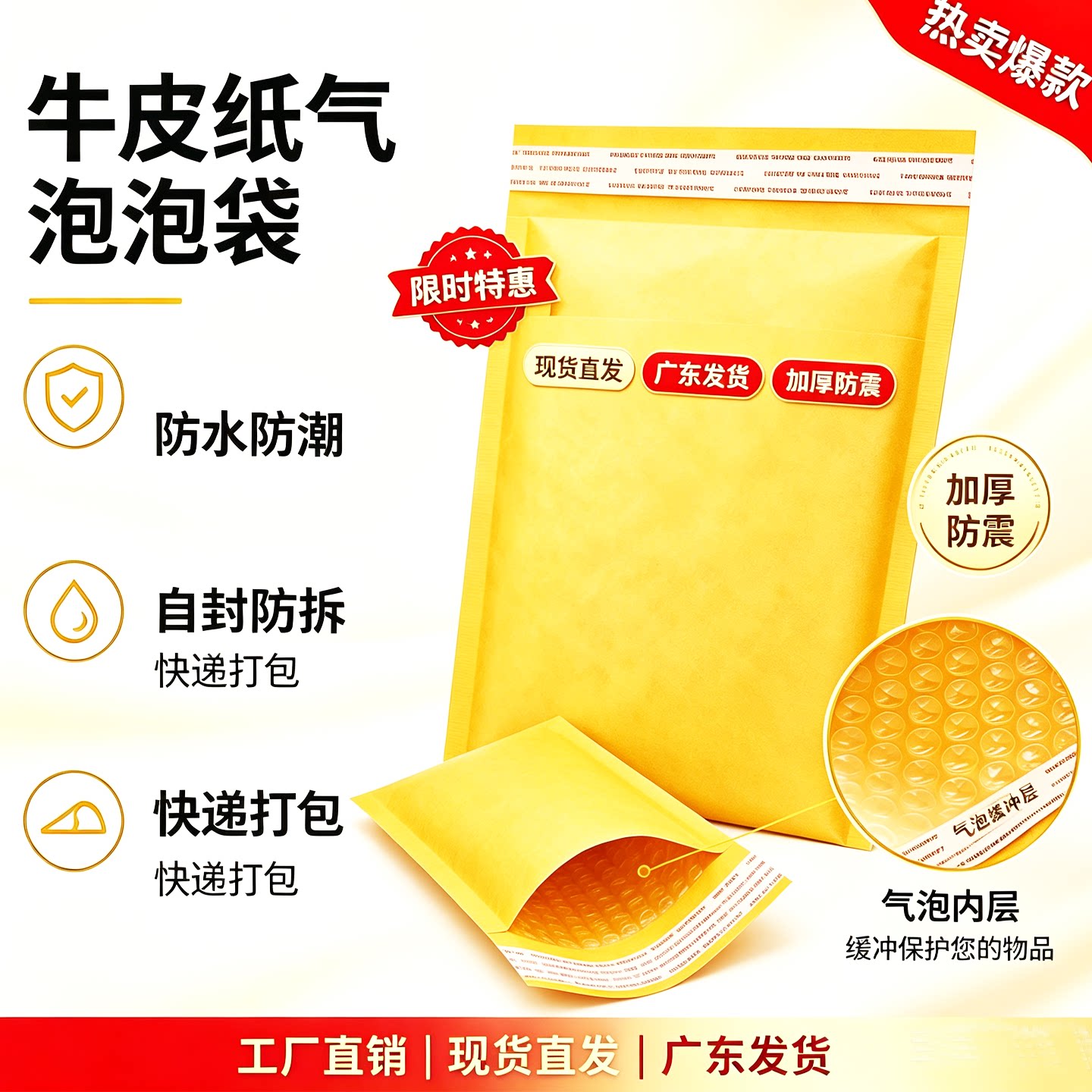 &nbsp;黄色牛皮纸气泡信封袋加厚快递袋防震气泡袋服装书本邮寄打包袋