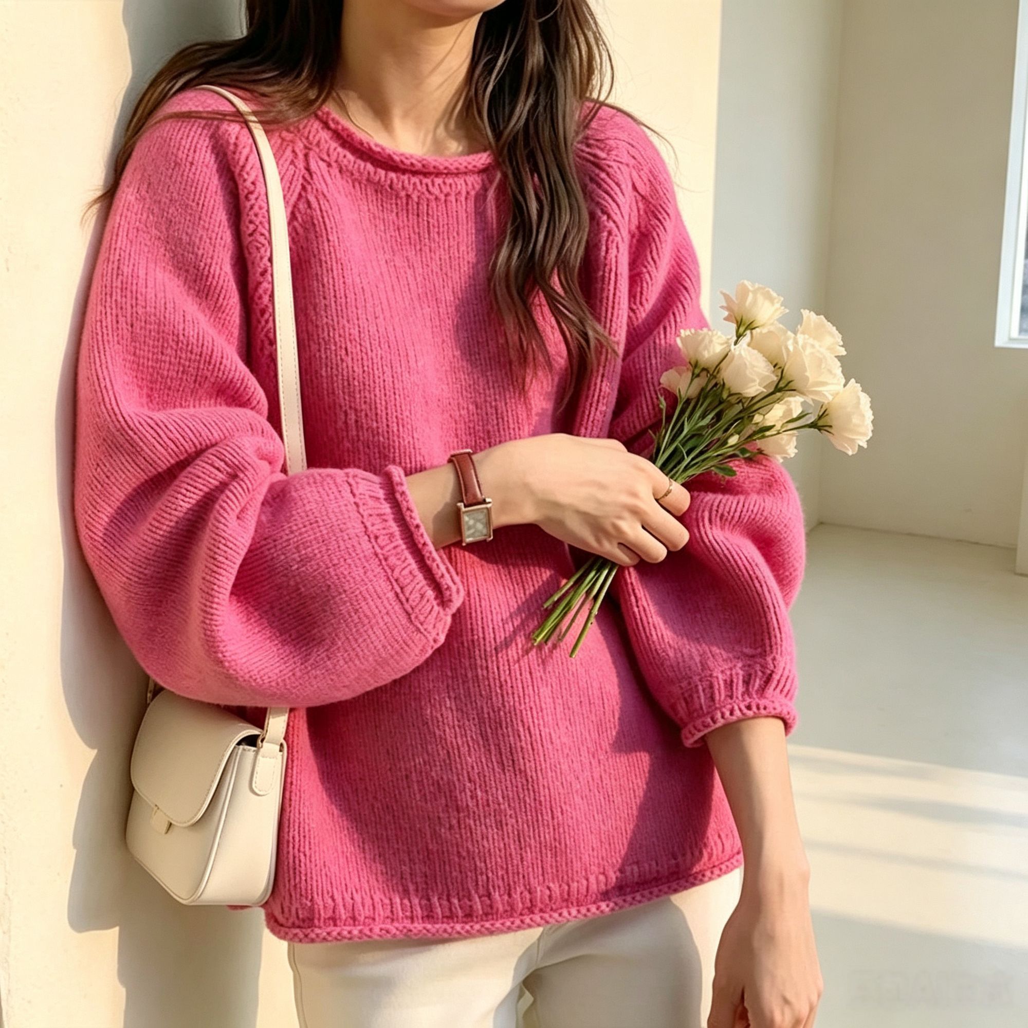 火龙果粉圆领套头毛衣女韩系慵懒毛针织衫