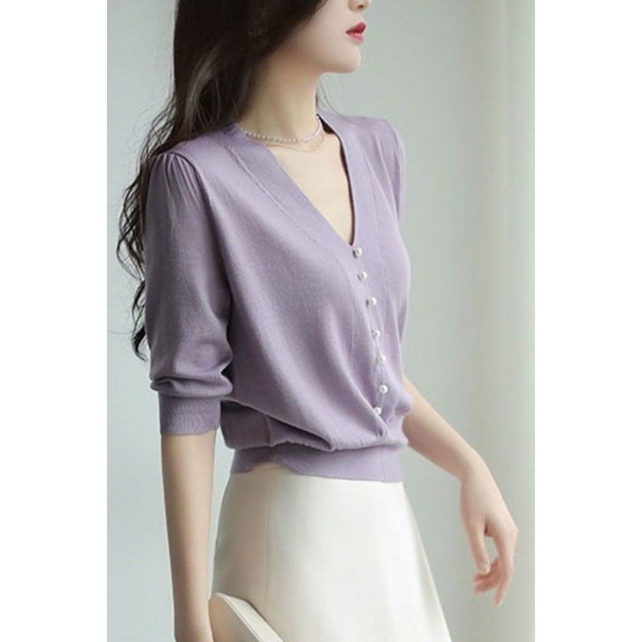 【专柜大码】2025夏季新款小香风v领珍珠扣泡泡袖针织衫减龄上衣
