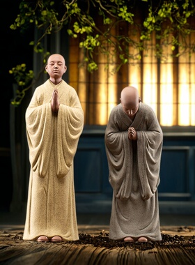 禅意小和尚陶瓷中式装饰品茶室桌面紫砂家居创意人物客厅沙弥摆件