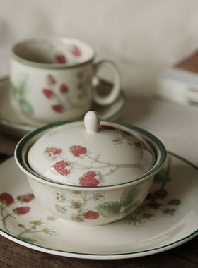 英国vintage中古釉下彩微波炉碗高颜值碟红树莓raspberry炖盅盖碗