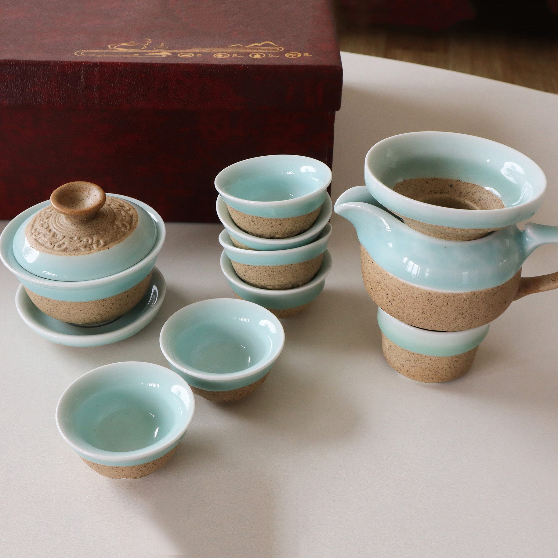 中式粗陶功夫茶具套装家用陶瓷茶盘父亲节礼物茶具送爸爸长辈领导