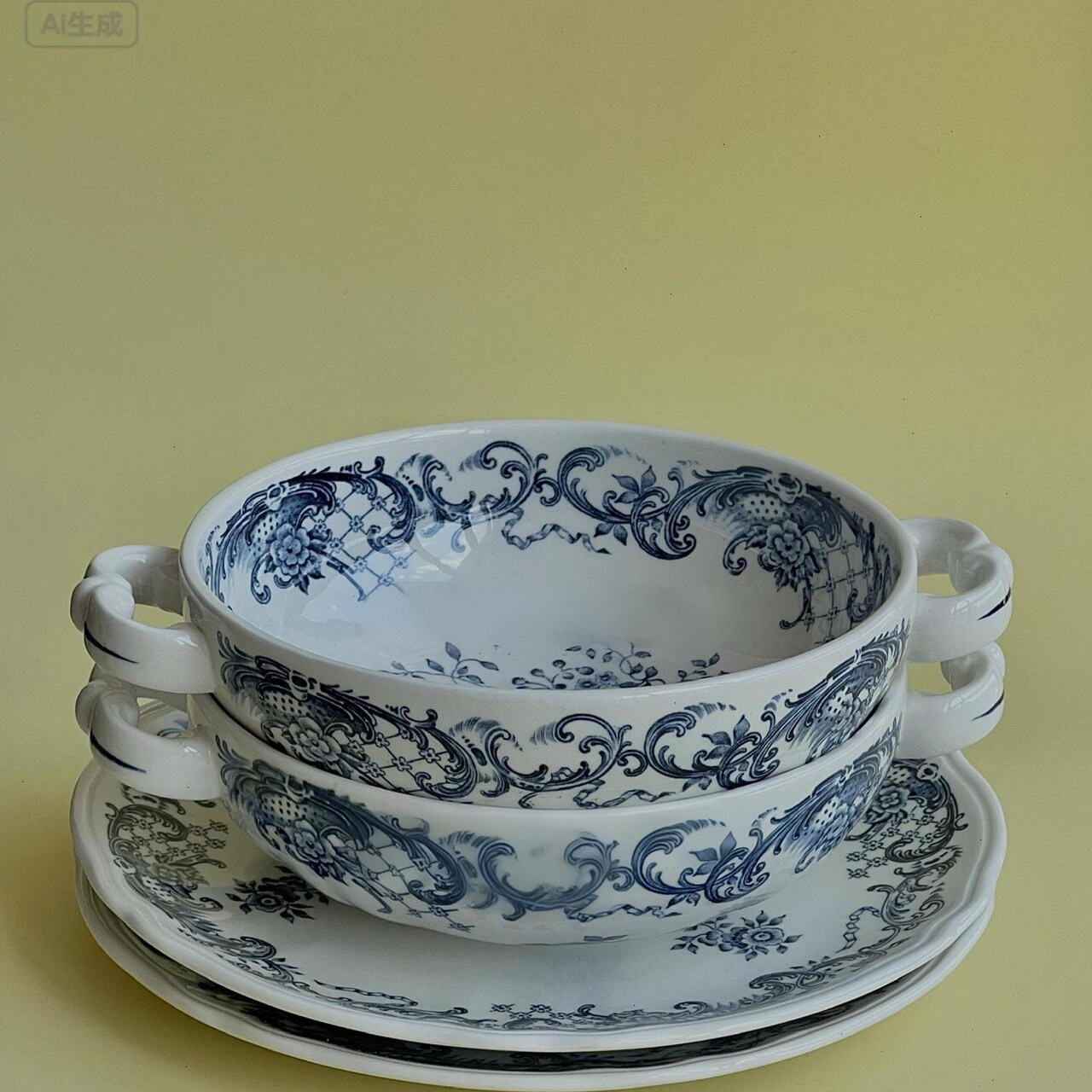 釉下彩原创玲珑耳甜品碗高颜值中式复古陶瓷双耳碗 纯手工花小碗