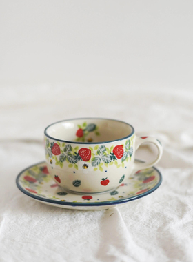 波兰颜值手绘陶器可爱草莓手握杯水杯壶杯碟套装送友人日本2709X