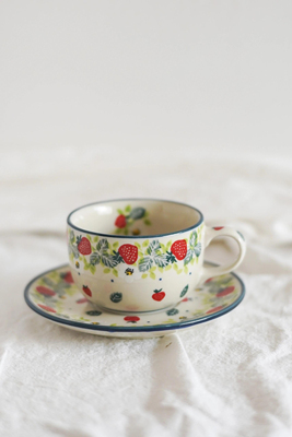 波兰颜值手绘陶器可爱草莓手握杯水杯壶杯碟套装送友人日本2709X