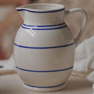 法式冷水壶果汁牛奶把手壶饮料罐陶瓷花瓶手绘白瓷蓝色青花纹罐壶