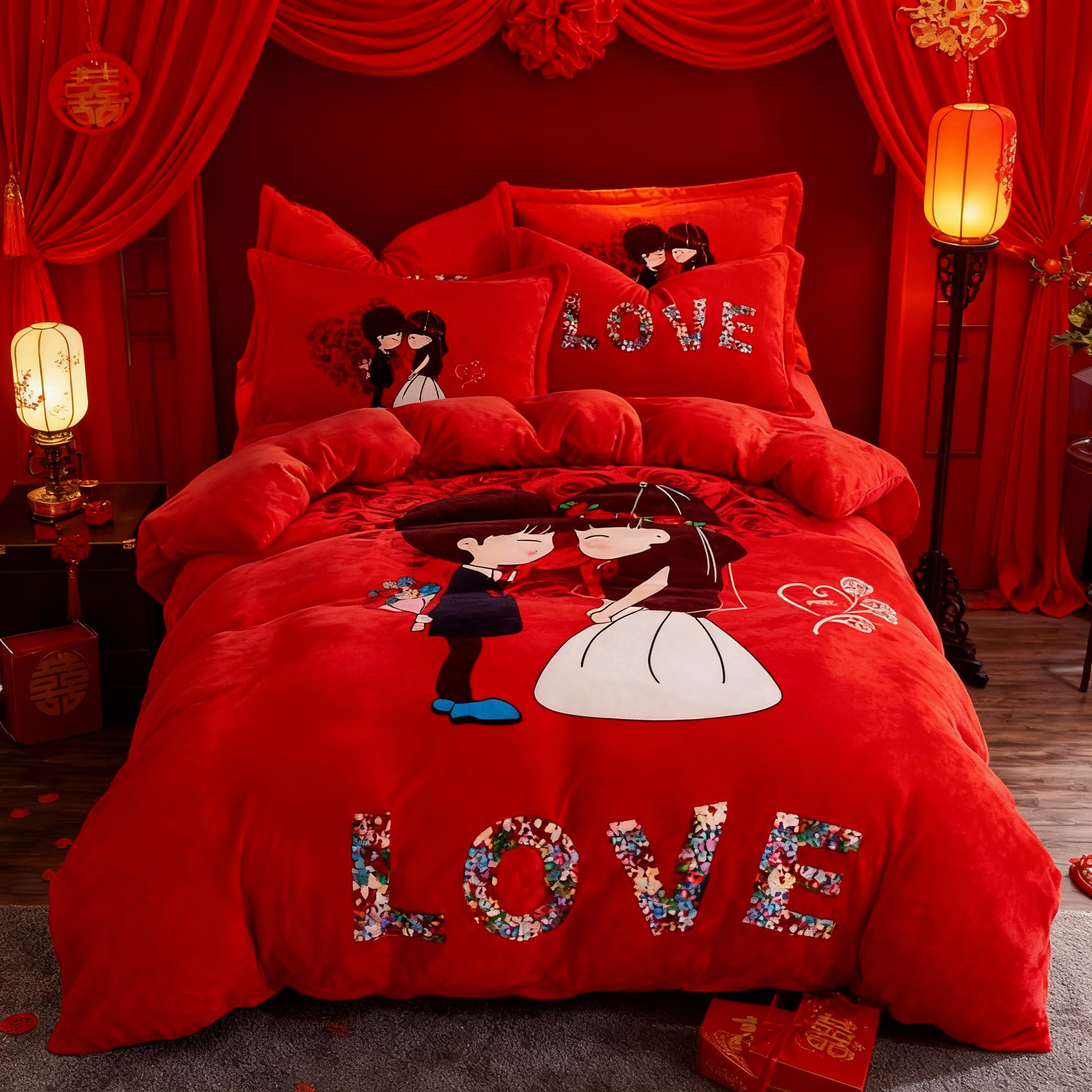 牛奶绒四件套结婚情侣大红色冬季珊瑚绒网红喜庆加厚保暖宝绒被套