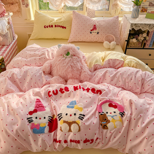 A类床品可爱猫咪毛巾绣四件套全棉纯棉女孩三件套床单KT被套床笠