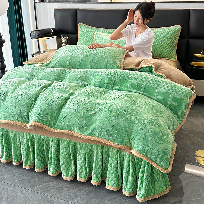 2024新款8D雕花牛奶绒四件套冬季加厚保暖床裙款珊瑚绒床单被套罩