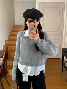 灰 现韩国正品东大门24秋冬新款 金扣毛衣羊毛低调老钱风上衣