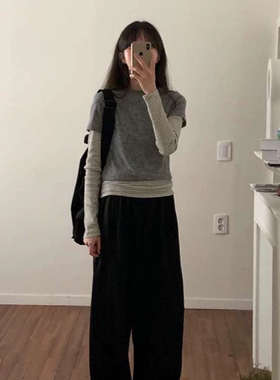 灰 现韩国正品东大门24春GENE假两件套条纹棉质打底长袖T恤女