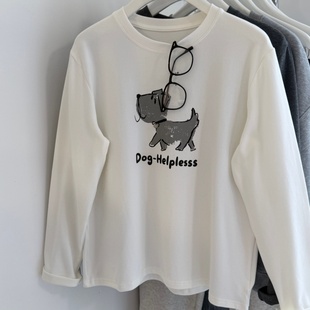 印花卡通小狗吊坠韩系打底衫 女T 正肩圆领长袖 秋冬磨毛BABY棉