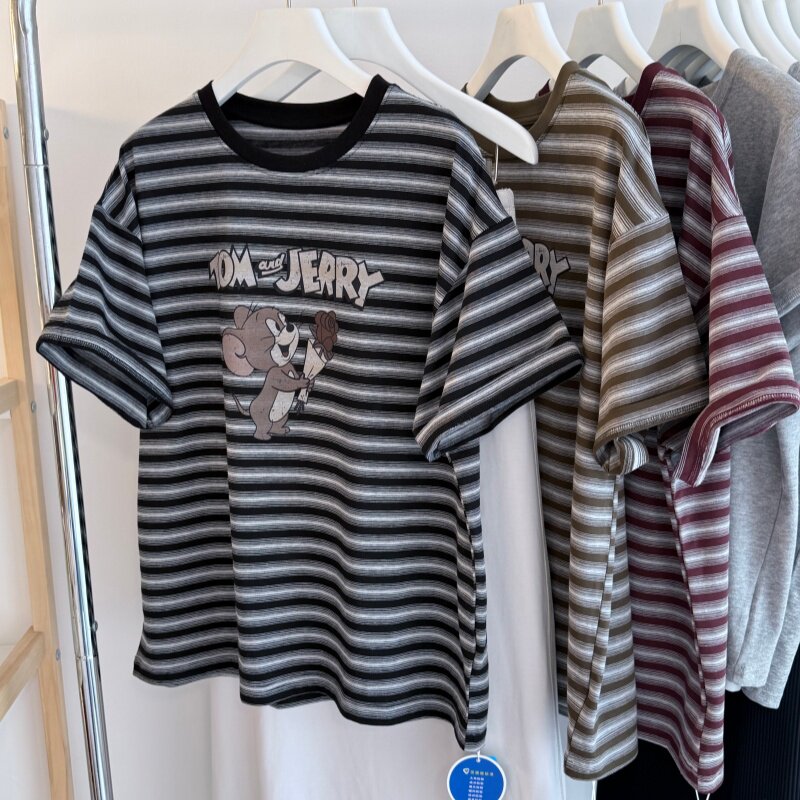 26夏 纱洗条纹棉宽松休闲大版女T 卡通印花韩系圆领短袖百搭上衣