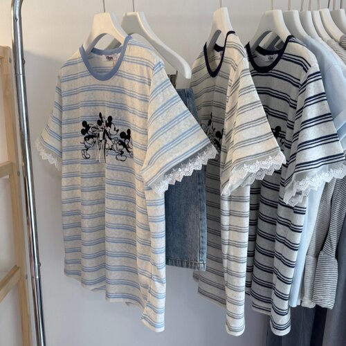 韩系条纹蕾丝袖圆领短袖女T