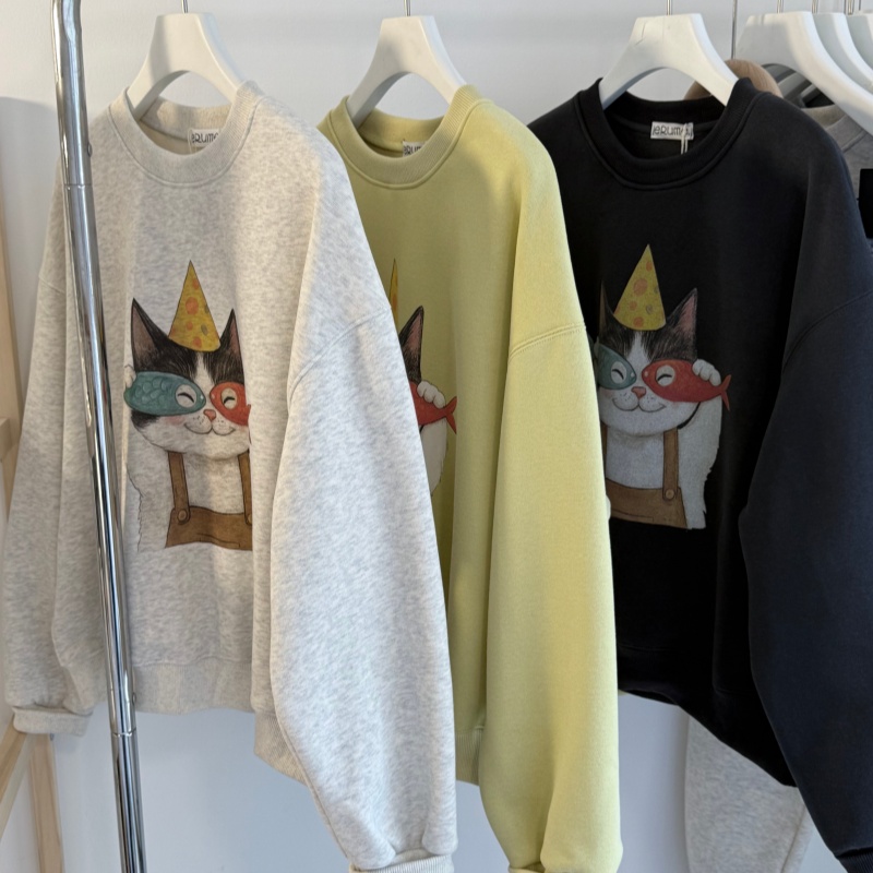 冬加绒 卡通印花小猫吃鱼圆领韩系卫衣女士摇粒绒宽松小个子上衣