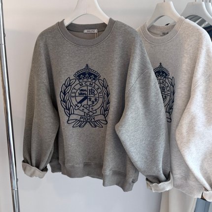 冬加绒 刺绣麦穗徽章字母韩系圆领卫衣女 简约百搭摇粒绒保暖上衣