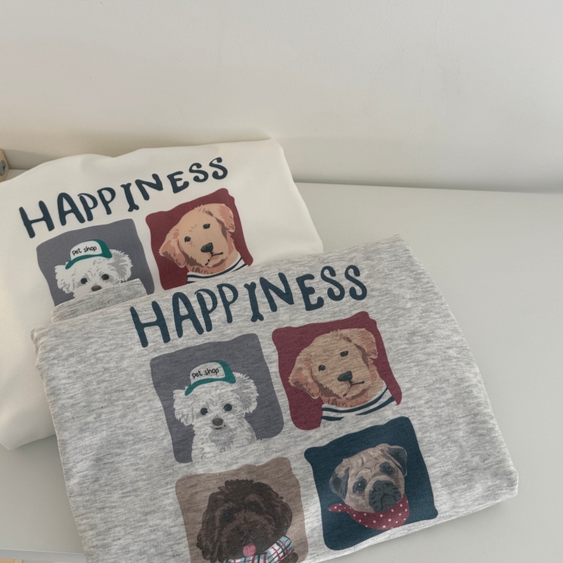 秋冬 内里磨毛韩系卡通小狗圆领长袖弹力打底衫 正肩女T百搭上衣