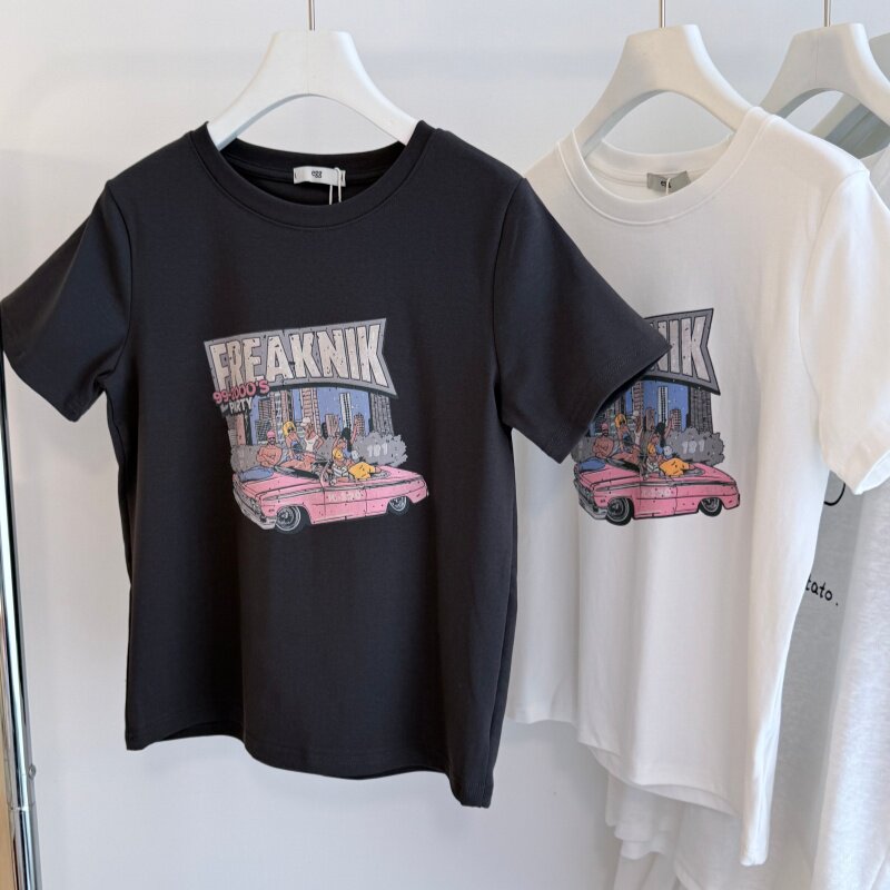 26夏 正肩小版型圆领短袖女士棉T 卡通小汽车印花短款上衣背心