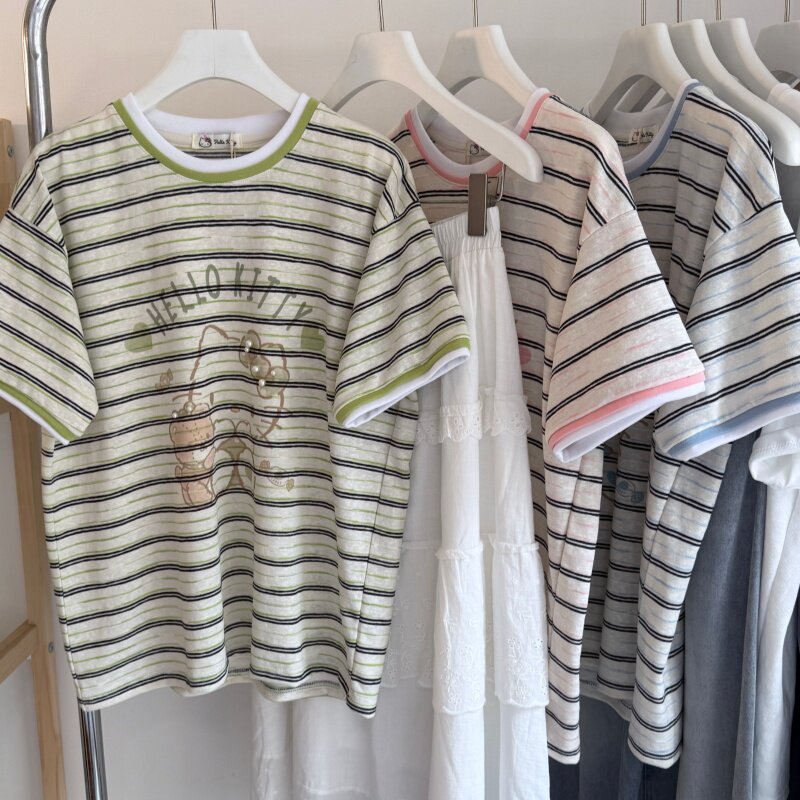 26夏 韩系双层领口卡通小猫印花珍珠钉珠圆领条纹短袖女T 上衣