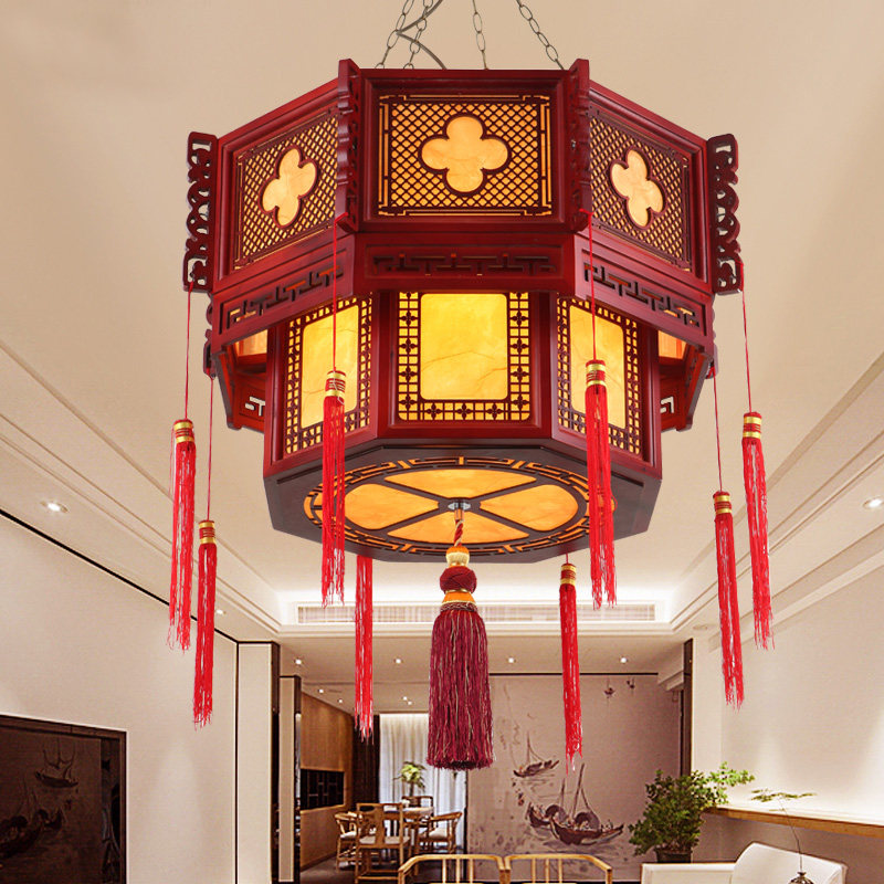 中式宴会厅吊灯中国风仿古羊皮实木宫灯大厅酒店寺庙长廊亭子灯笼_虎窝淘