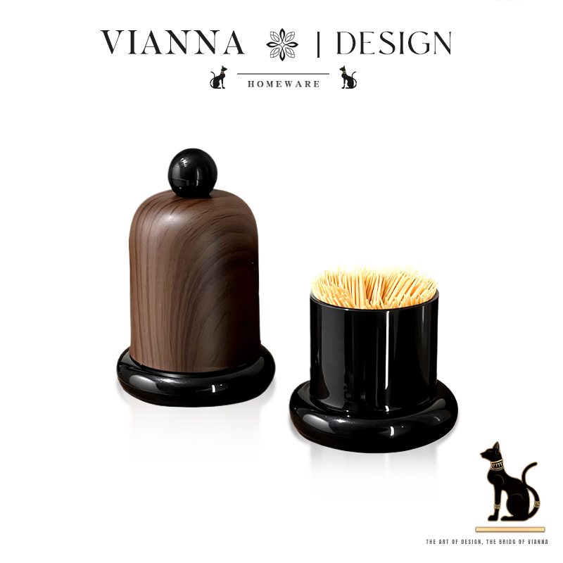 VIANNA中古风木纹茶几带盖牙签罐