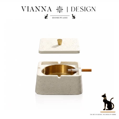 VIANNA方砚陶瓷带盖防飞灰烟缸