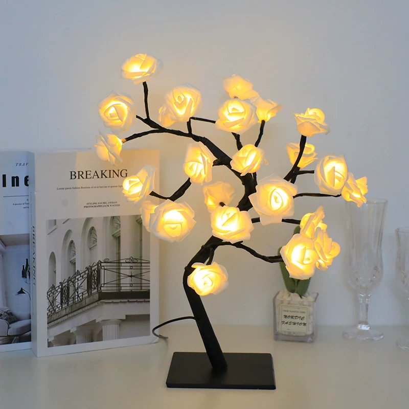 LED ночник для спальни, светильник на стол, фонарик, розы, мигание света