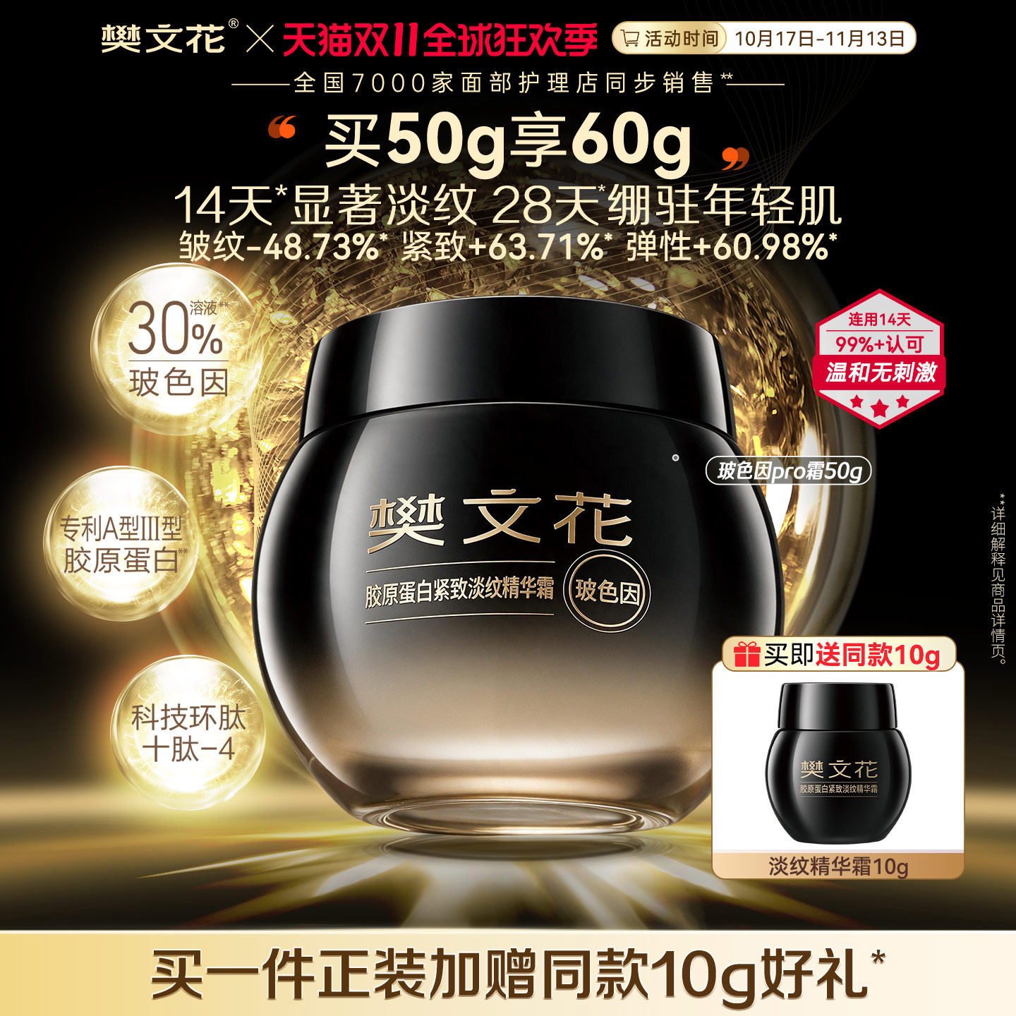 樊文花30%玻色因胶原Pro霜50g依克多因保湿修护紧致淡纹抗皱面霜