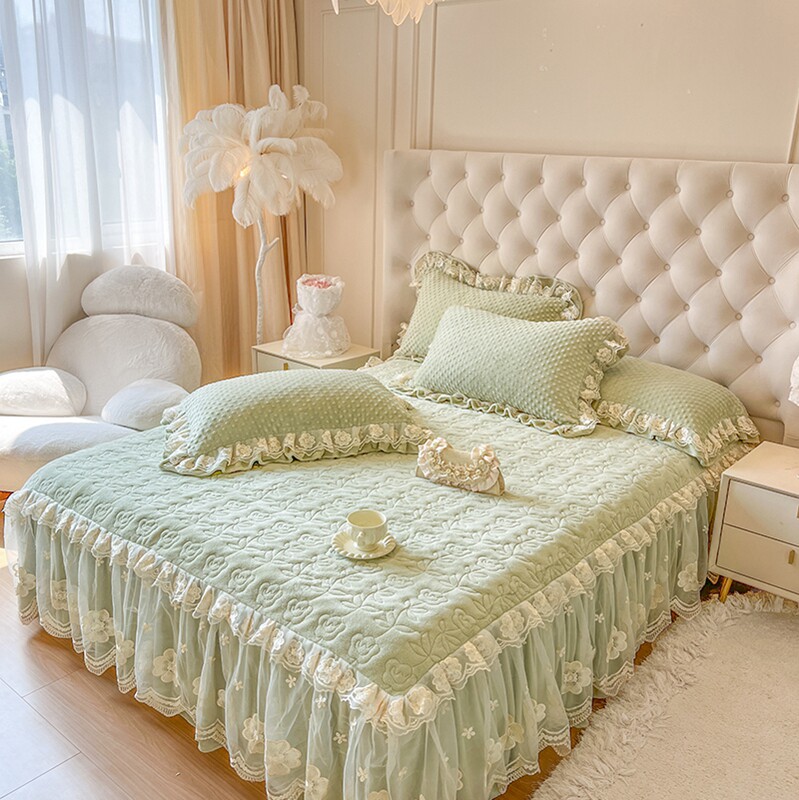 防静电韩式公主风冬季夹棉床裙三件套冬季加厚床罩保暖防滑床垫套