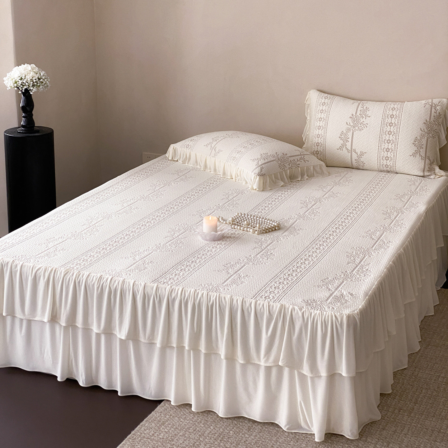乙纶凉席新款法式冰凉感豆豆加厚PE提花软席床裙款席子三件套A类