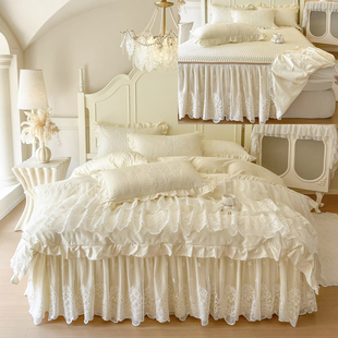 全棉床裙式四件套可拆洗夹棉加厚床笠纯棉被套防滑韩版公主4件套