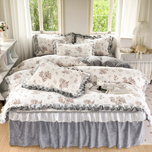 防滑床笠式床裙四件套冬季加厚夹棉牛奶绒床罩珊瑚绒被套贴身即暖