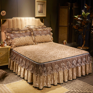 欧式 可拆卸天鹅绒压花夹棉床裙单件防滑加厚双人冬保暖床罩三件套