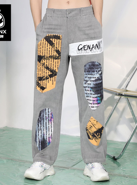 GENANX潮牌休闲长裤嘻哈潮流原创设计贴布设计灰色直筒牛仔裤男